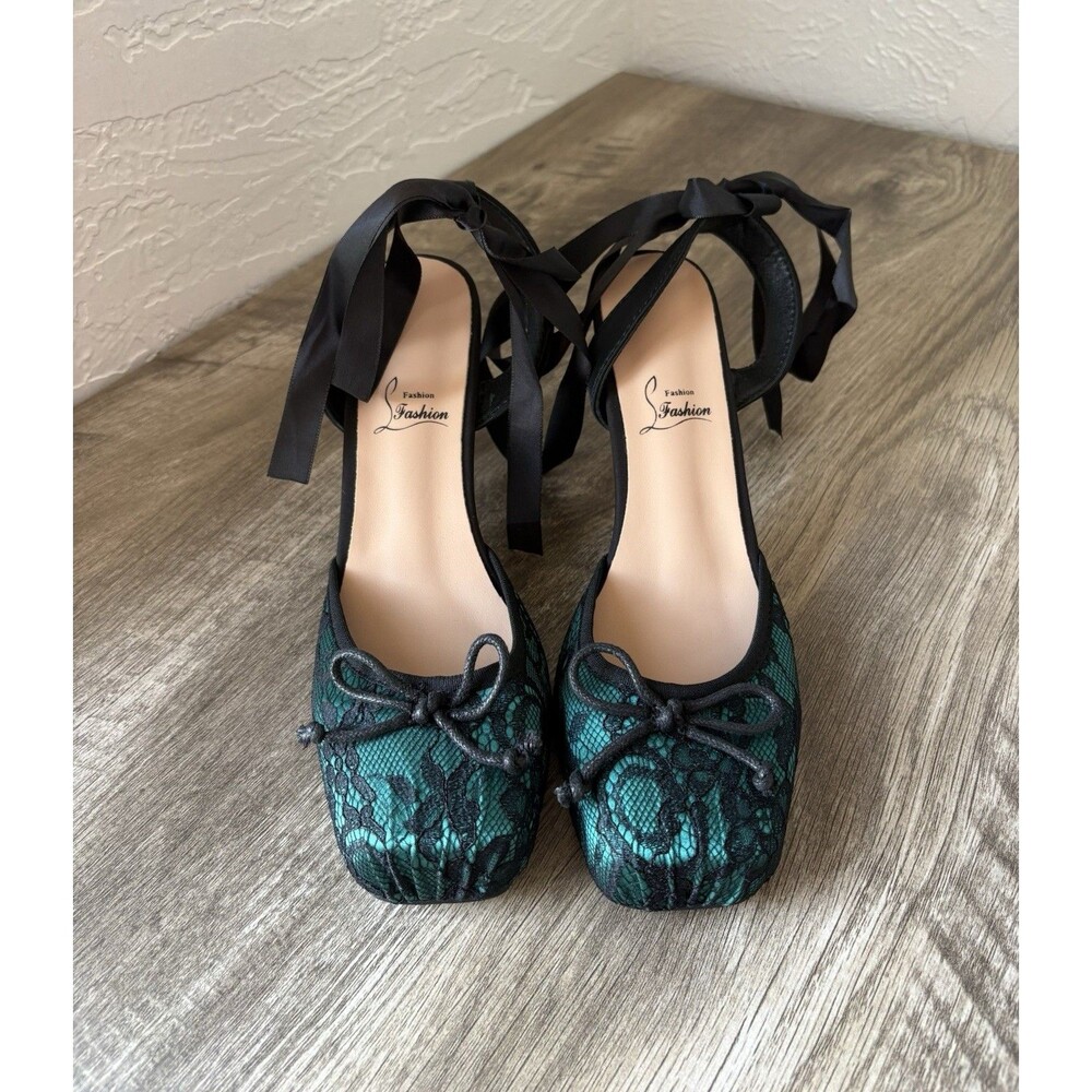 Fashion Women’s Green Black Satin Lace High Heels Size 42